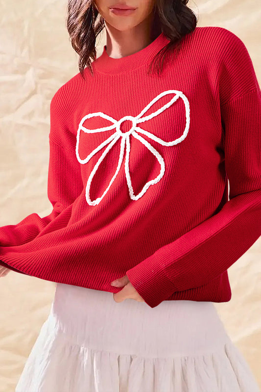 Embroidered Bow Ribbed Sweater