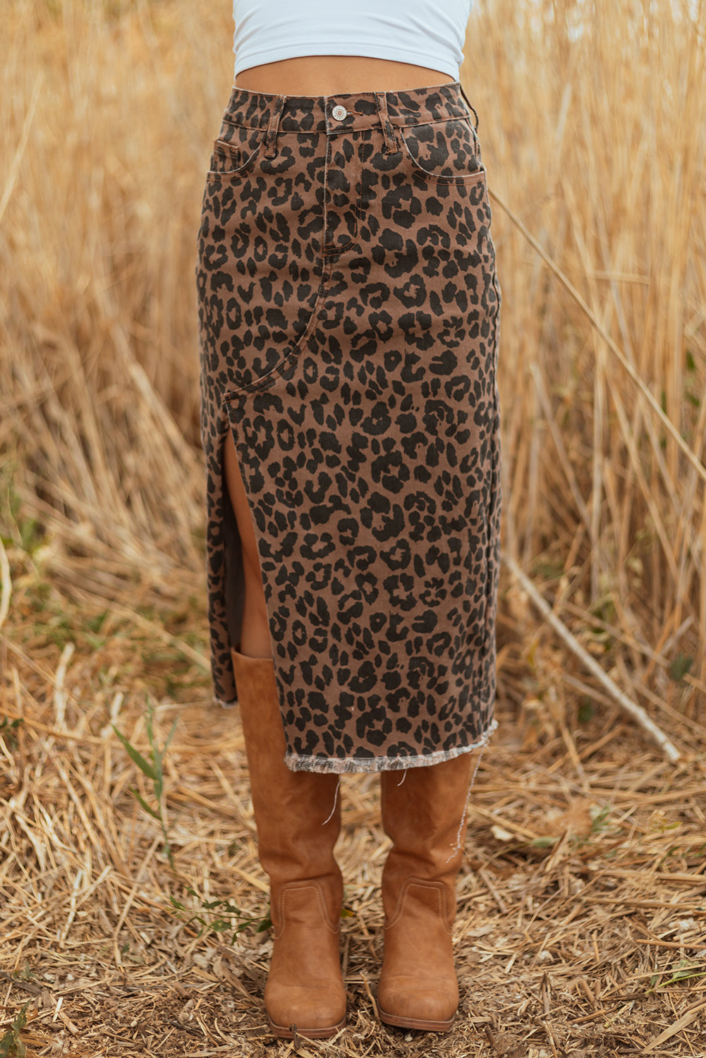 Denim Leopard Frayed Midi Skirt