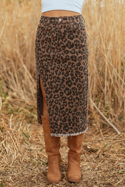 Denim Leopard Frayed Midi Skirt