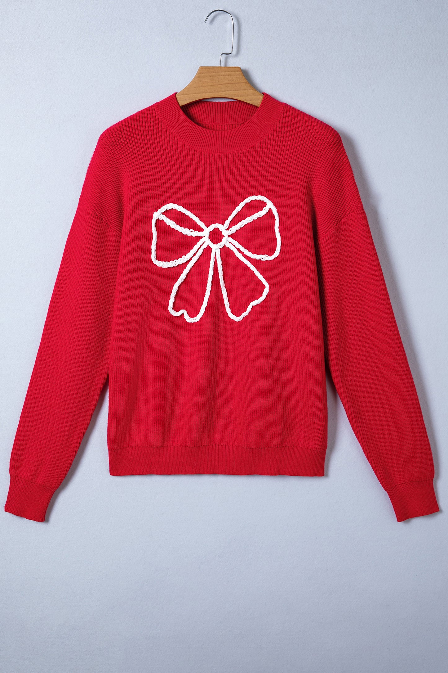 Embroidered Bow Ribbed Sweater