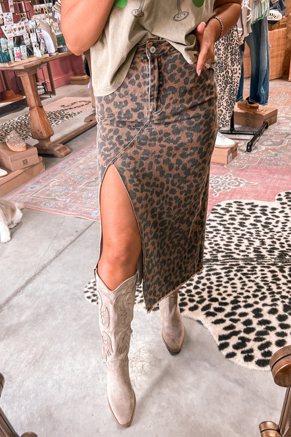 Denim Leopard Frayed Midi Skirt